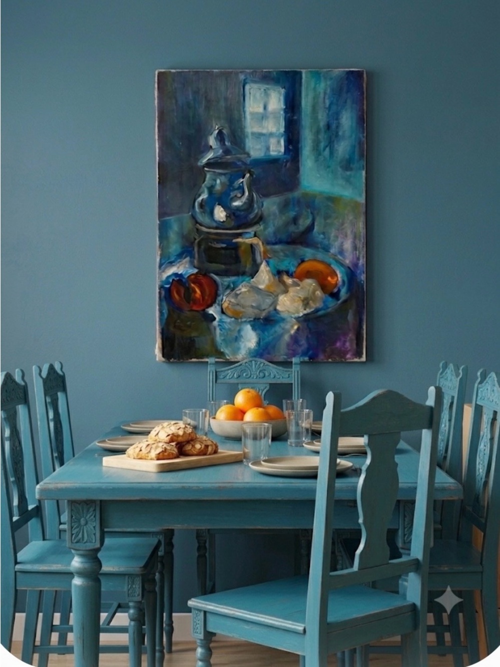 Original oil painting on canvas-contemporary -cool blue color scheme-tea & fruit
